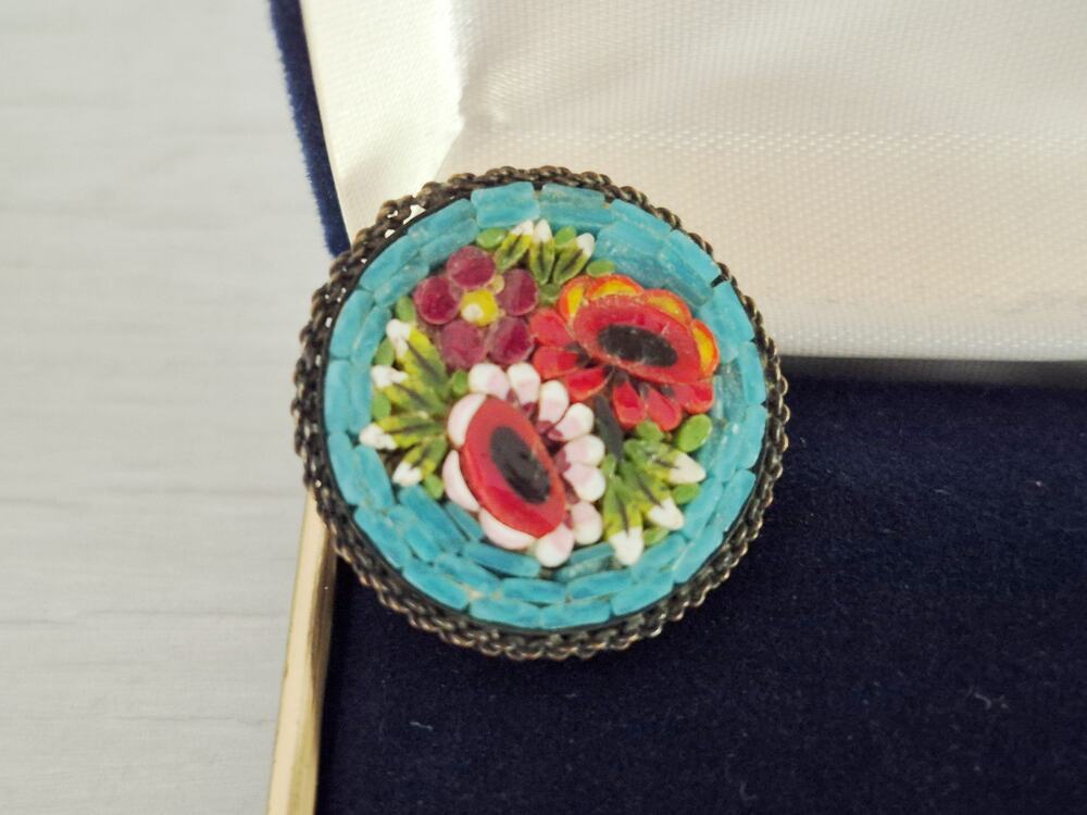 Vintage Round Made in Italy Mosaic Turquoise and Red Pin Brooch
